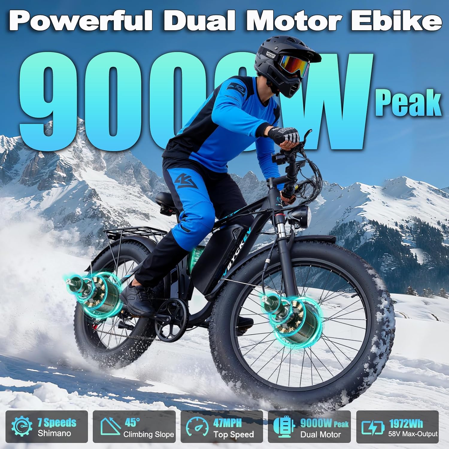 9000W Peak Dual Motor Ebike for Adults 47 MPH Fast Electric Bike, 58V Max 1972 Wh Up to 105 Miles Ebikes,24" Fat Tire E-Bike,Full Suspension Electric Bicycle for Mountain Commuter Snow