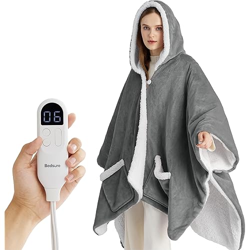 Bedsure Heated Blanket Wearable Shawl - Electric Wrap Poncho Blanket Hoodie for Adult, Birthday Gifts for Mom Women, Sherpa Heating Throw with 4 Time Settings & 6 Heat Settings, 55x64 inches, Grey