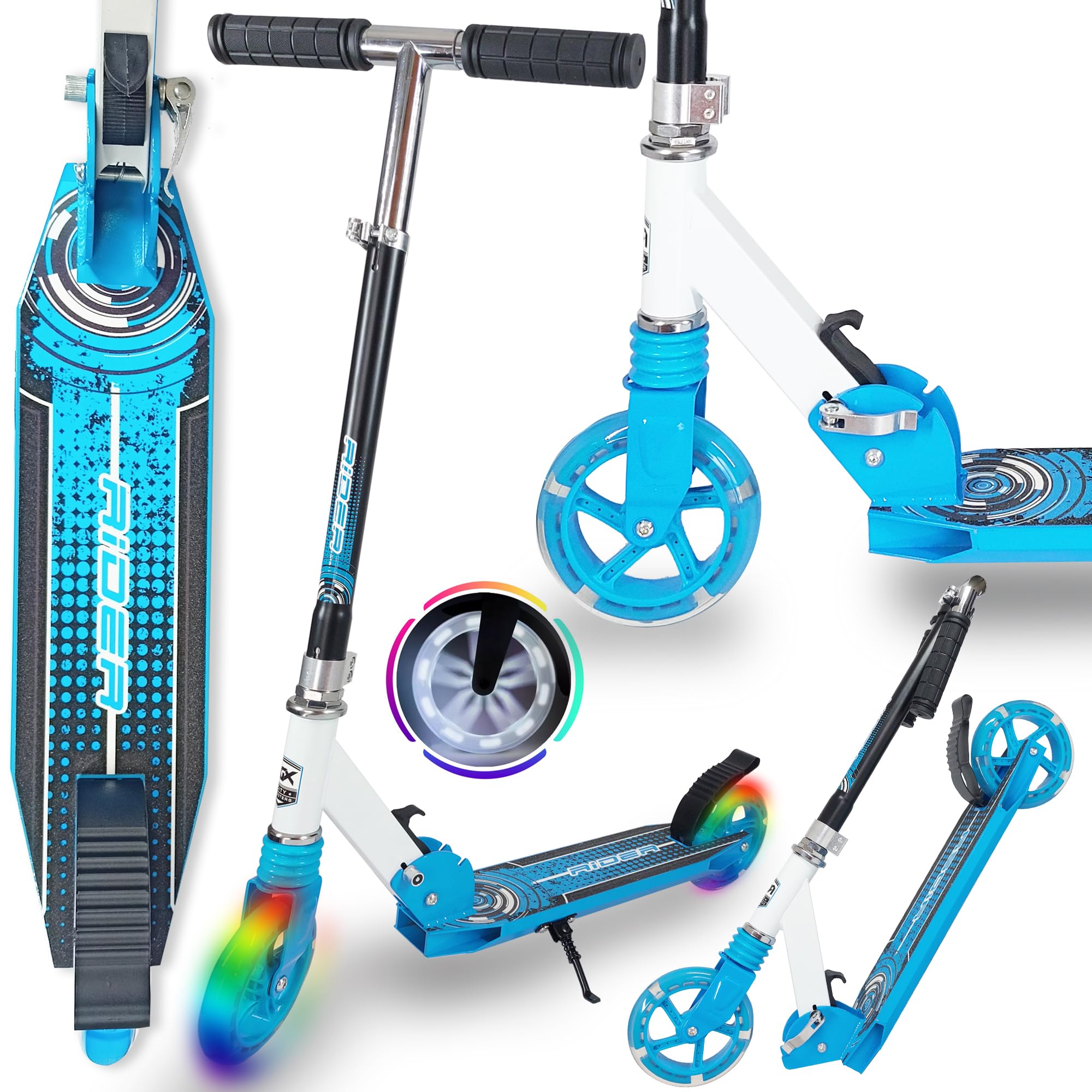 WeLLIFE Rider Monopattino Pieghevole per Bambini e Ragazzi, Urban Scooter in Alluminio con Ruote LED da 145 mm, Manubrio Regolabile in 3 Altezze, Freno a Pedale, fino a 100 kg