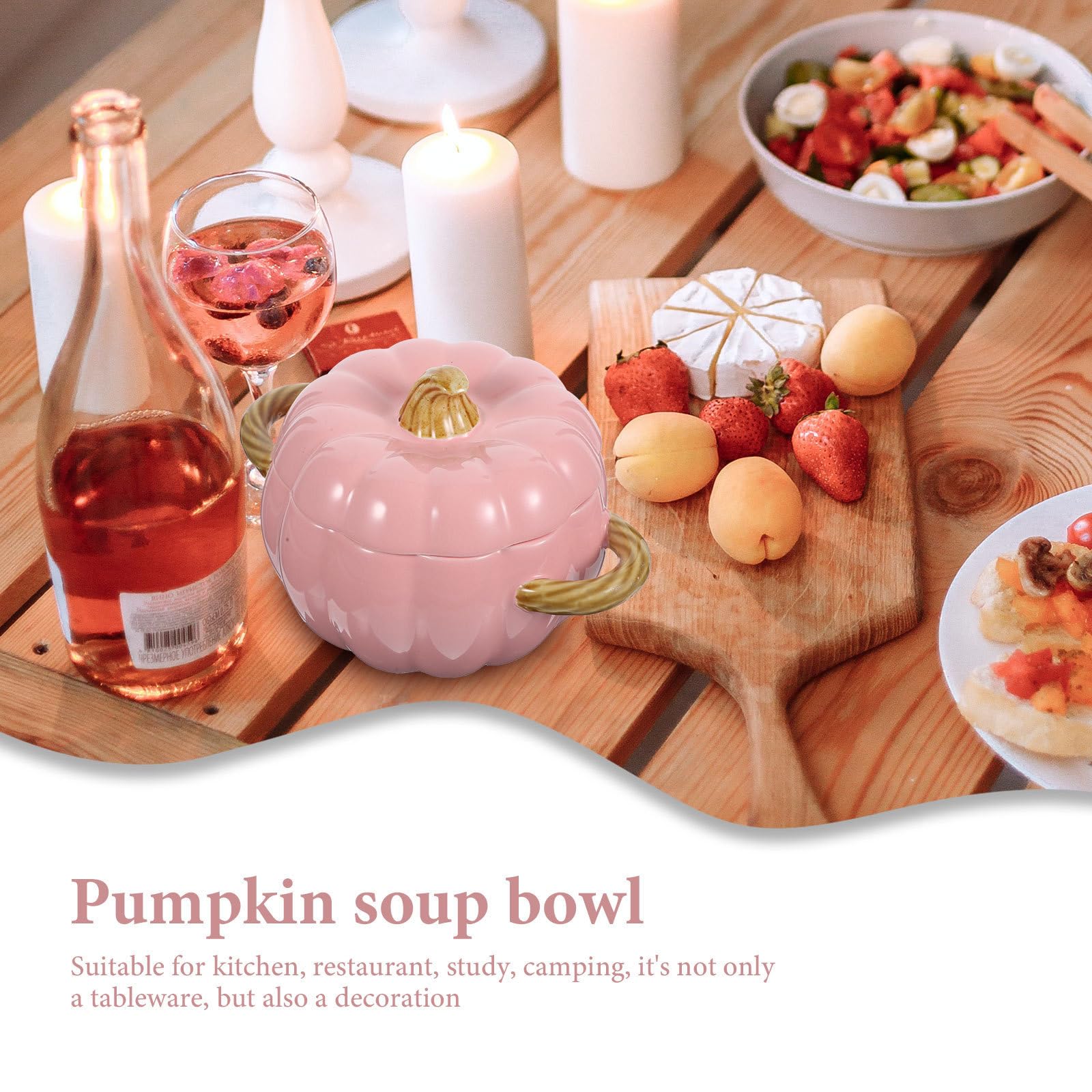 INOOMP Tazón de Sopa de Cerámica en Forma de Calabaza Rosa con Tapa y Doble Asa, Capacidad 1500ml, Fácil de Limpiar y Mover para Cocina y Restaurante