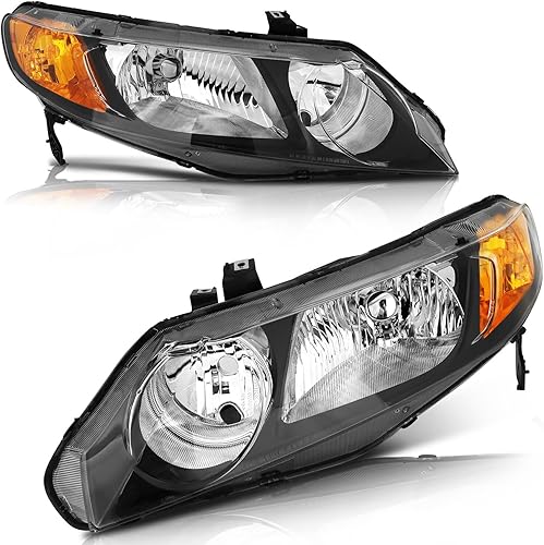 LBRST Conjunto de faros delanteros para Honda Civic Sedan 4 puertas 2006-2011 carcasa negra reflector ámbar lente transparente conductor y pasajero