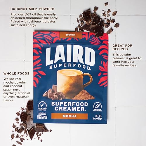 Miniatura 5 de Laird Superfood Creamer - Crema en polvo sin lácteos para el café, sabor a cacao, elaborada con superalimentos, de larga duración, sin lácteos, sin