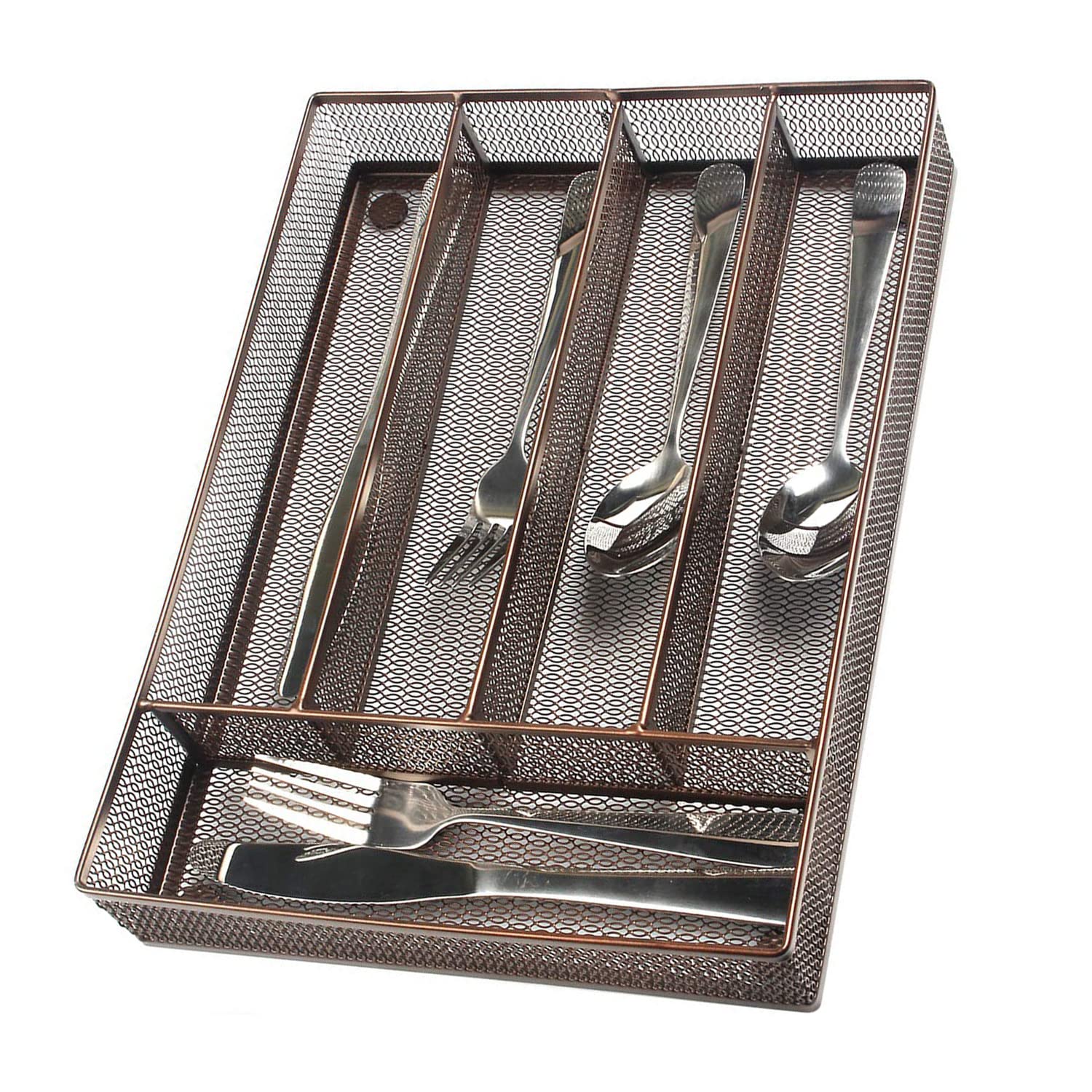 titivate Kitchen Cutlery Tray with 5 Compartments Storage, Utensil Drawer Organizer Mesh Flatware Silverware Holder for Forks/Knives/Spoons (Brown)