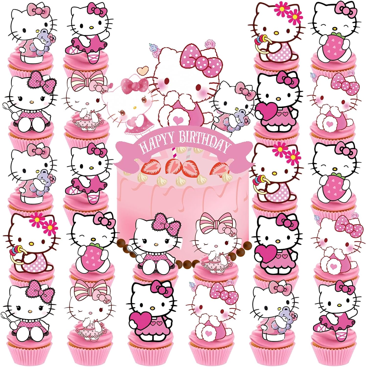 25 Pcs Birthday Party Supplies, Happy Birthday Cake Topper, Cute Anime Cupcake Toppers for Girls (Pink)