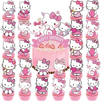 25 Pcs Birthday Party Supplies, Happy Birthday Cake Topper, Cute Anime Cupcake Toppers for Girls Pink