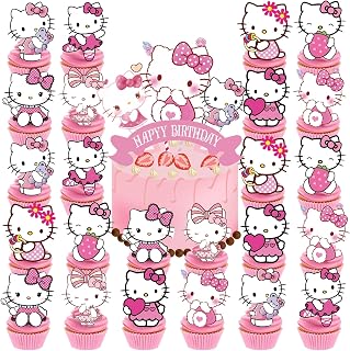 25 Pcs Birthday Party Supplies, Happy Birthday Cake Topper, Cute Anime Cupcake Toppers for Girls (Pink)