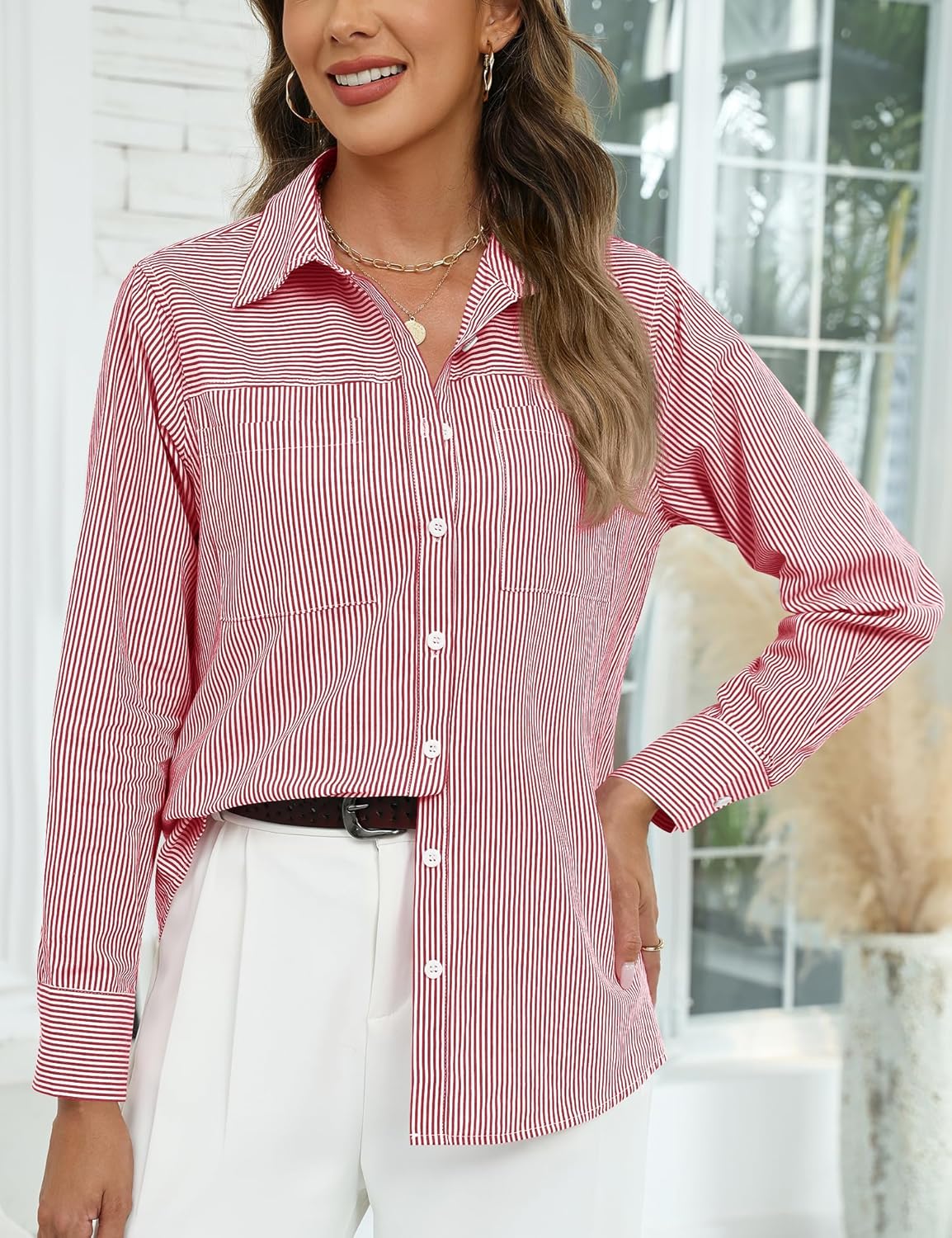 Kistore Womens Button Down Shirts Striped Linen Long Sleeve Blouses Business Casual Office Work Tops Loose Fit with Pockets - Image 4