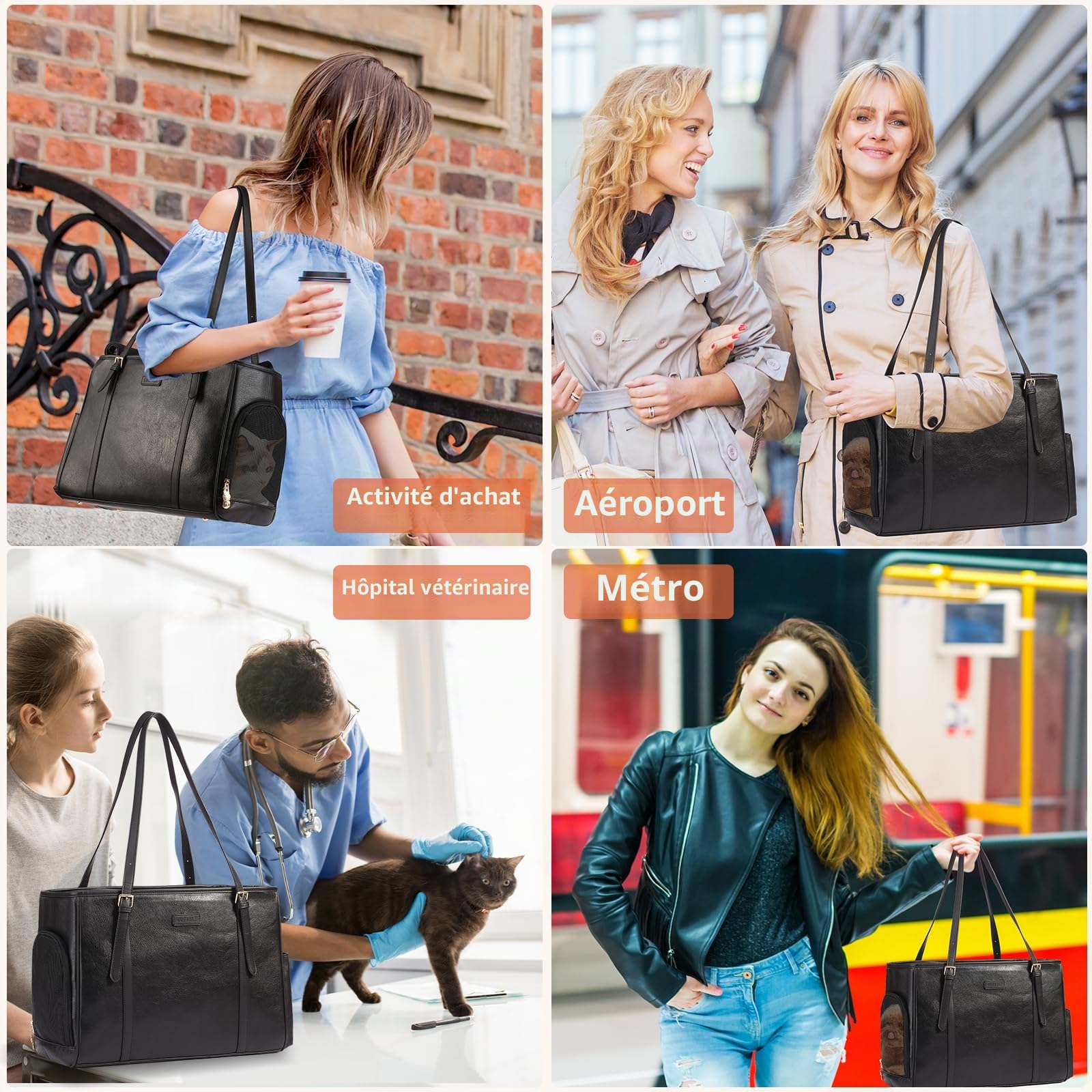 Lasaviin Sac à main tendance en cuir pour petits chiens, chats, chiots, sac fourre-tout portable approuvé par les compagnies aériennes (noir)