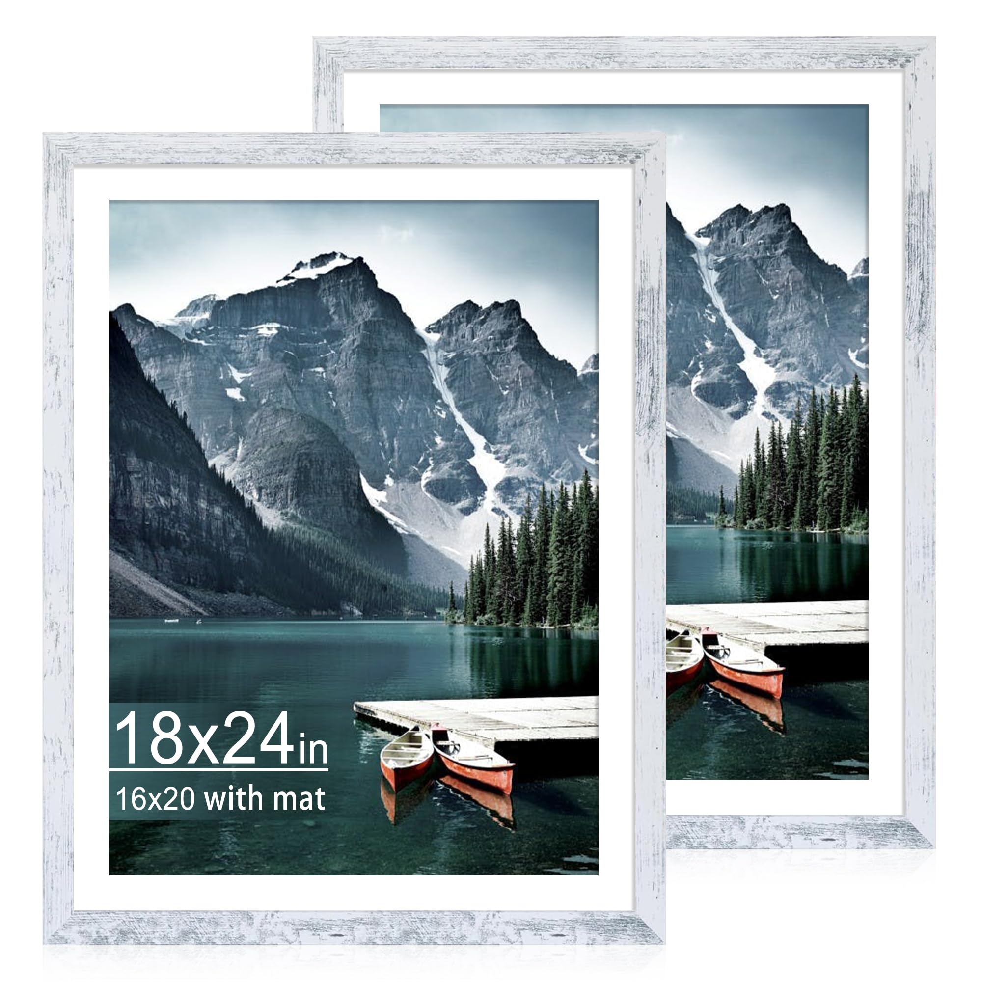 18x24 Picture Frame Set of 2 with Plexiglass, Distressed White Poster Frame Display Picture 16x20 with Mat or 18 x 24 Without Mat for Photo Gallery Wall Mounting