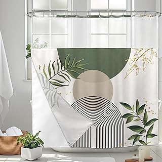 Sage Green Boho Shower Curtain with Snap in Liner Modern Mid Century Abs...