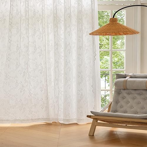 Miniatura 3 de Cortinas semitraslúcidas de encaje blanco de 54 pulgadas de largo, juego de 2 paneles de cortinas plisadas florales para ventana, dormitorio, sala