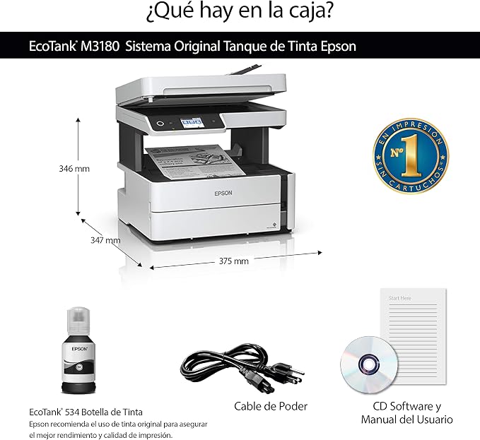 Epson Multifuncional Blanco y Negro Ecotank M3180 Monocromática, Tanque de  Tinta para Negocio, Wi-Fi, Ethernet : Amazon.com.mx: Oficina y papelería