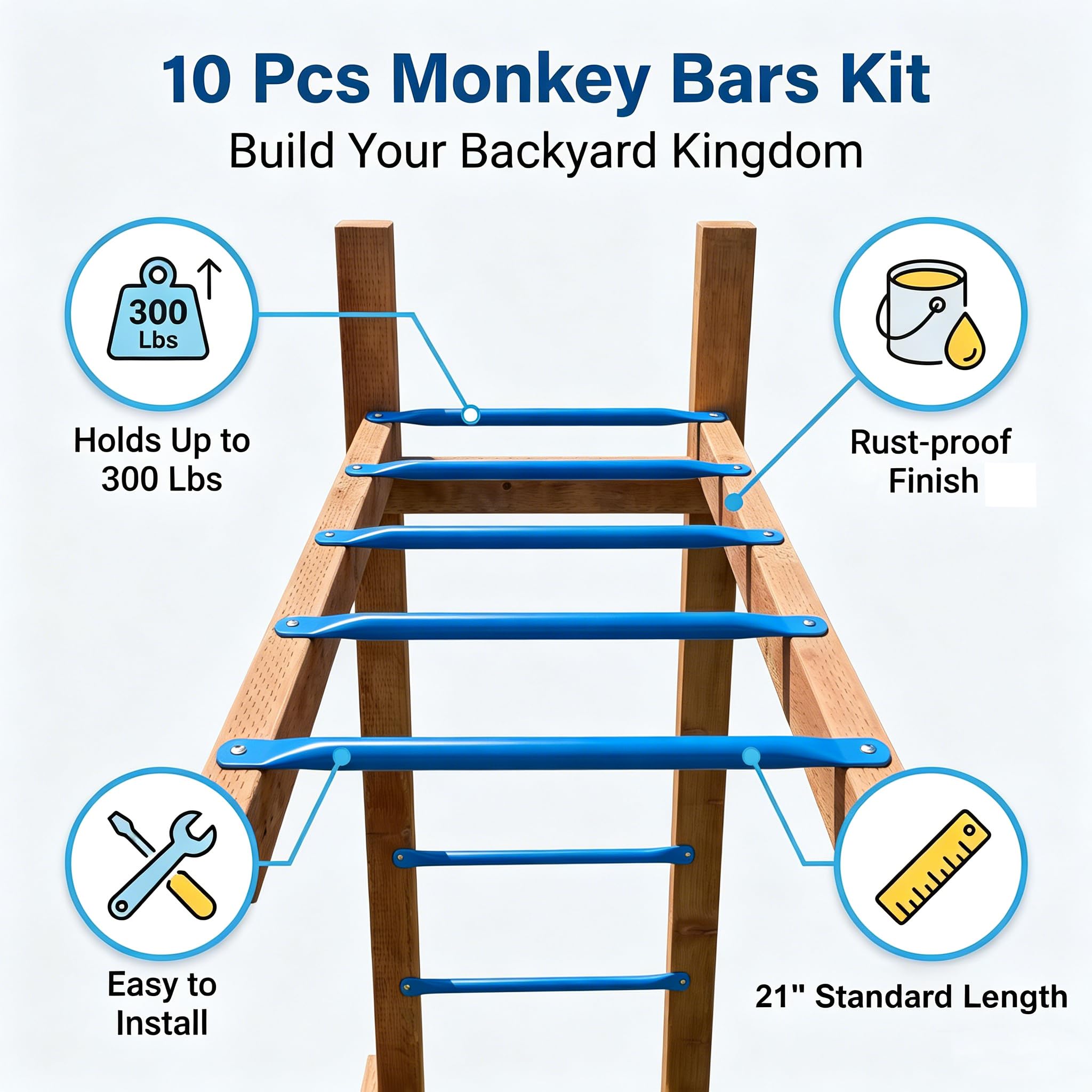 Kit de barras de metal de 21 pulgadas, peldaños de escalera resistentes para niños, juego de columpios para patio trasero y patio trasero y accesorios de juego (azul)
