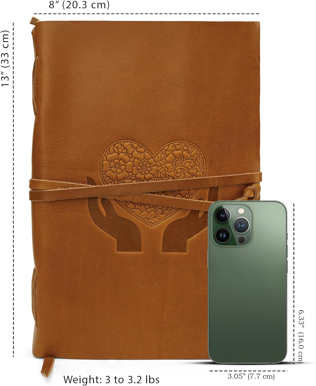 Heart Journal for Women and Men, Handcrafted Leather Journal for Writing Womens, Sketchbook, Travel Diary with Unlined Deckle Paper, Camel Brown 8x13