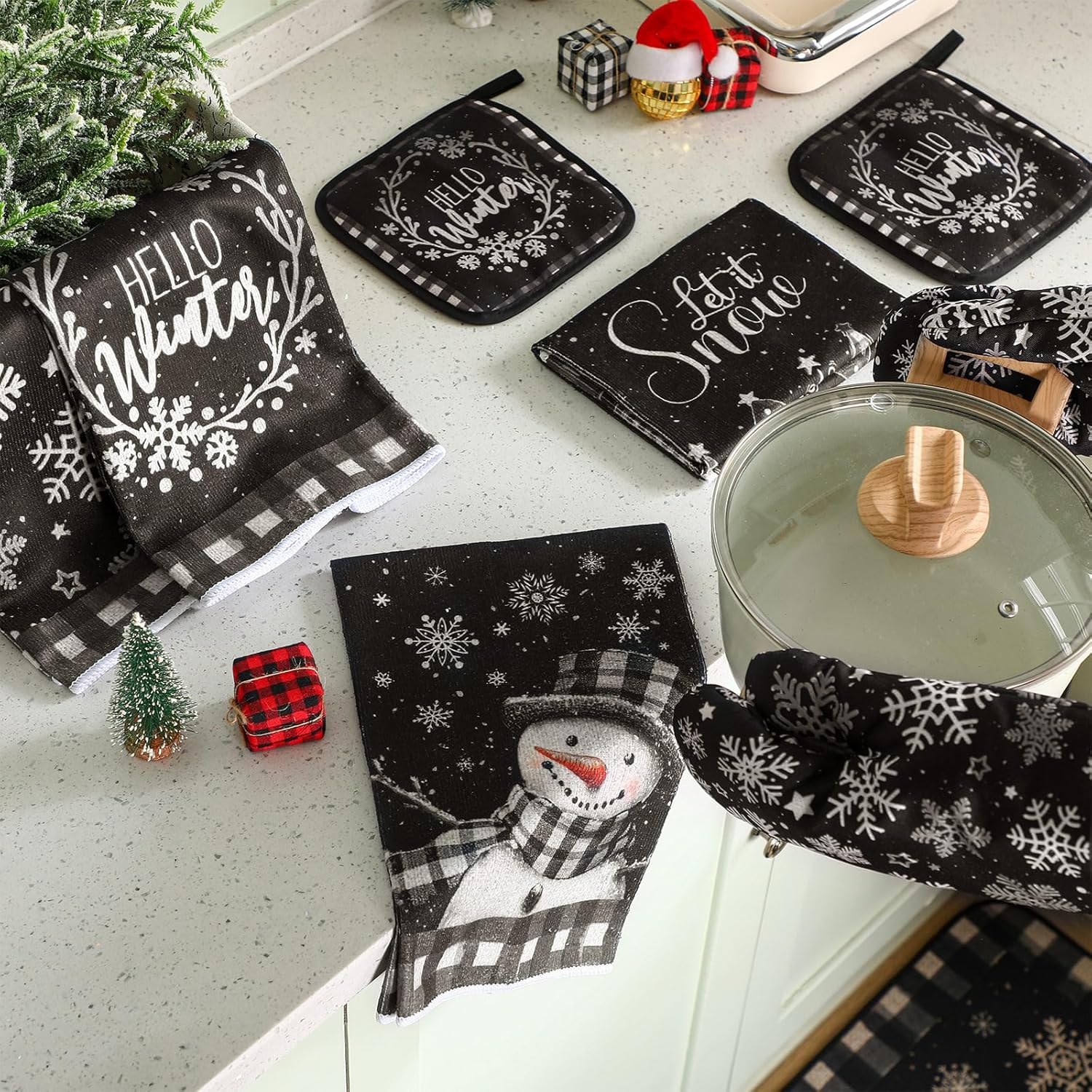 Fanfanwin 10 Pcs Winter Kitchen Decor Snowman Kitchen Rugs and Towels Oven Mitts Pot Holders Set Absorbent Towels for Baking Cooking BBQ Gifts Decor