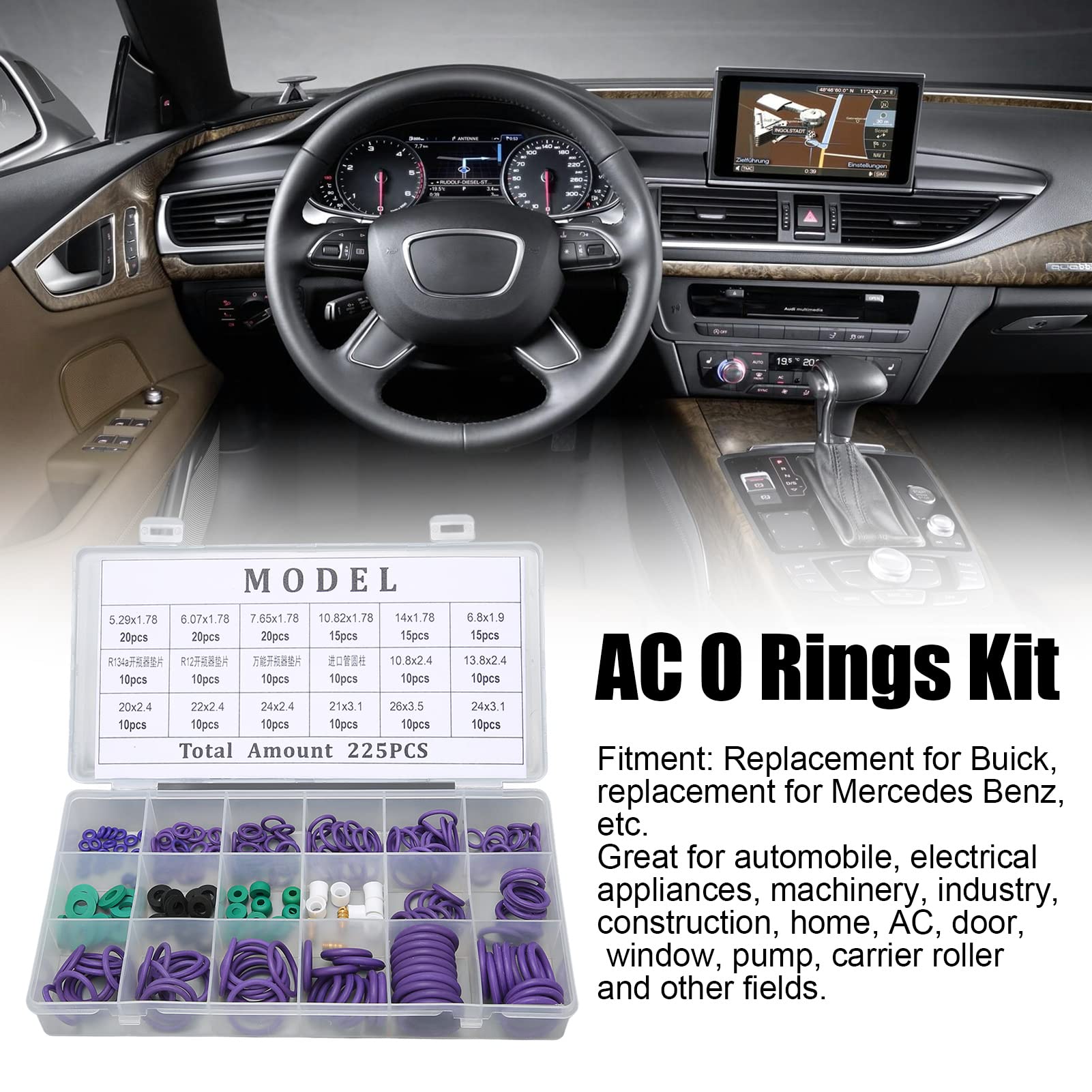 Kit di Guarnizioni per di Aria Condizionata 225PCS Set di Guarnizioni O-ring per Condizionatore D'aria per Auto Assortimento di 14 Misure con Distanziatore a Rondella per