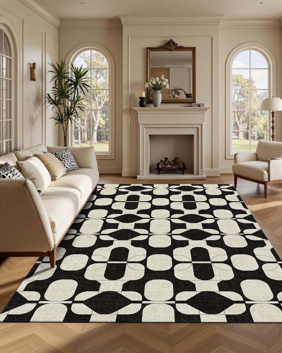 Tapis de salon lavable et antidérapant géométrique noir 110x150cm fini les glissades