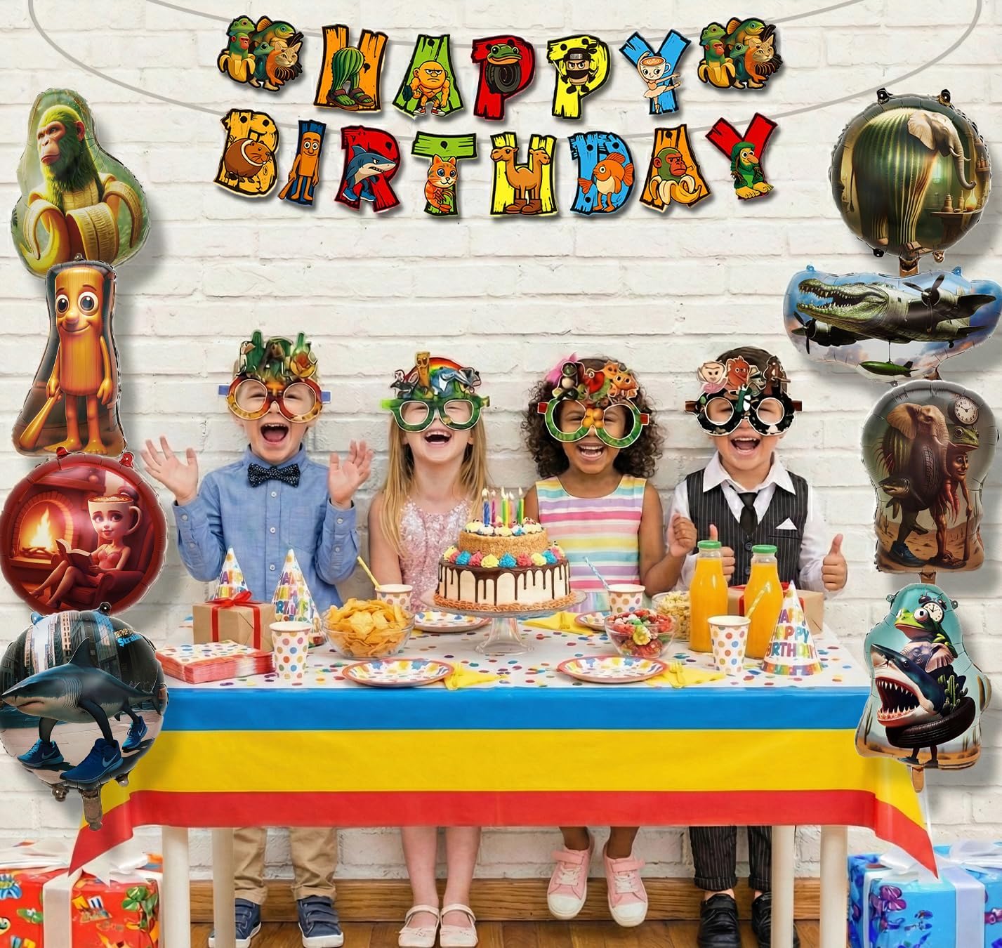 IndoTribe 22 Pcs Italian Brainrot Birthday Decorations Italian Brainrot Birthday Banner 10Ft Preassembled, Italian Brainrot Balloons Italian Brainrot Eyeglasses and Italian Brainrot PhotoBooth Frame