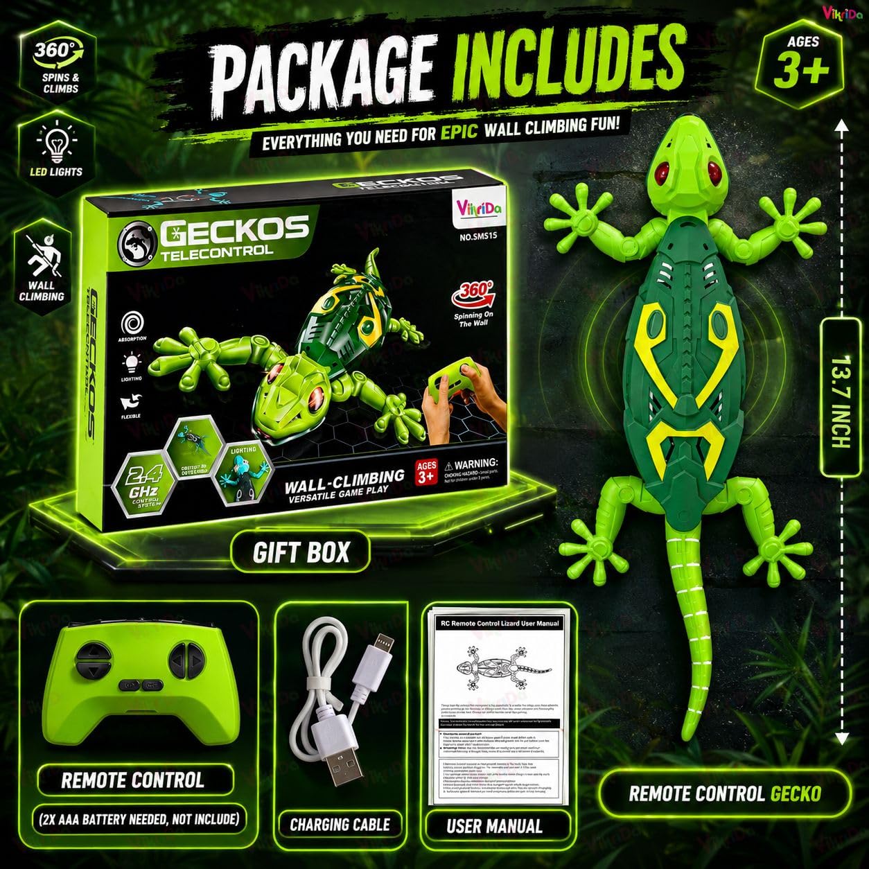VikriDA Wall Climbing RC Toy with Remote Control, Rechargeable Creepy Crawler Climbs Walls & Ceilings, Glowing Eyes Prank Toy for Kids Boys Girls Birthday Gift (Green) — Amazon image 2