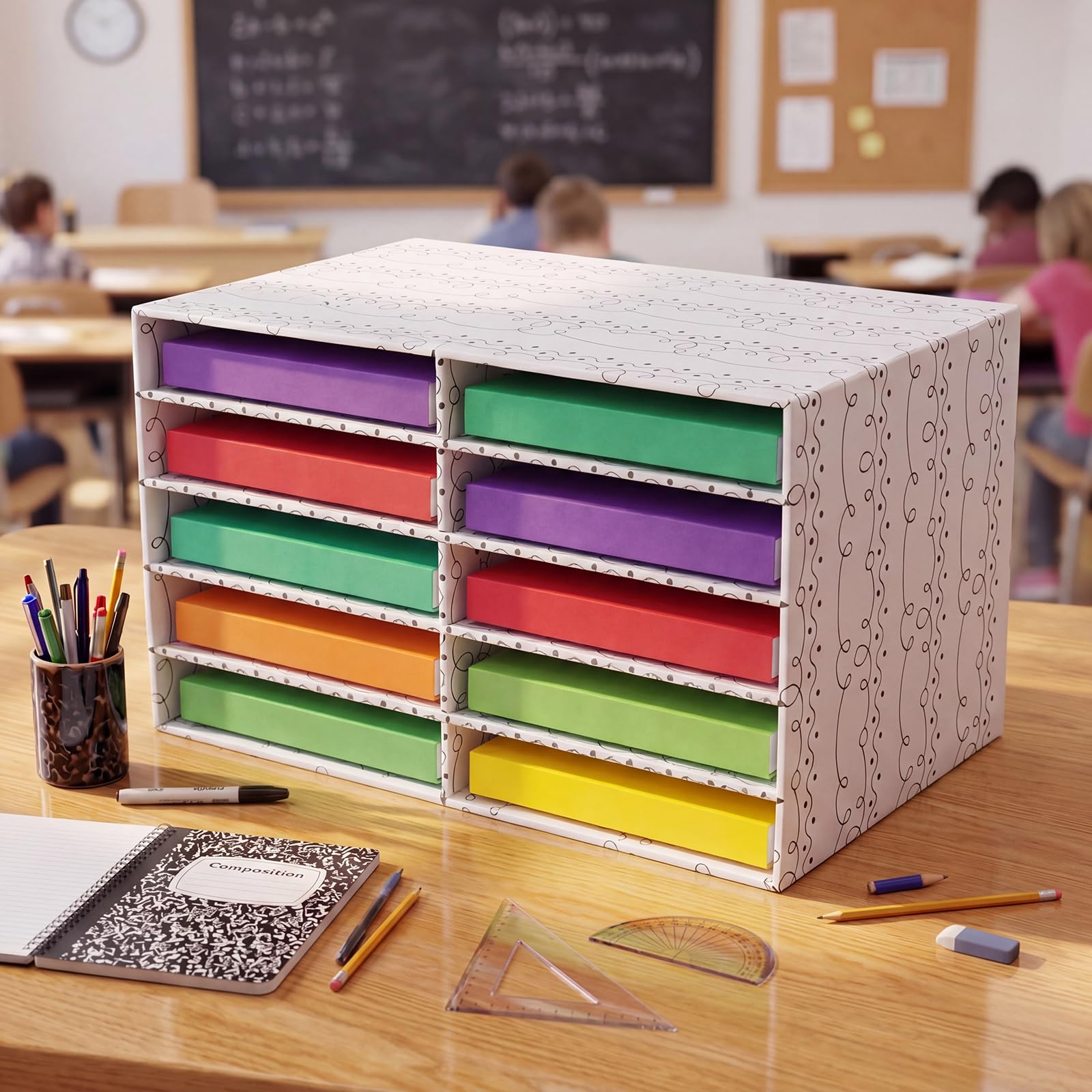 Ripeng 2 Stück Klassenzimmer Papieraufbewahrung Organizer Konstruktion Schnörkel und Punkte Papieraufbewahrung Desktop Briefkasten Aktenordner Literatur Karton Organizer für Home Office Schule, 50 x