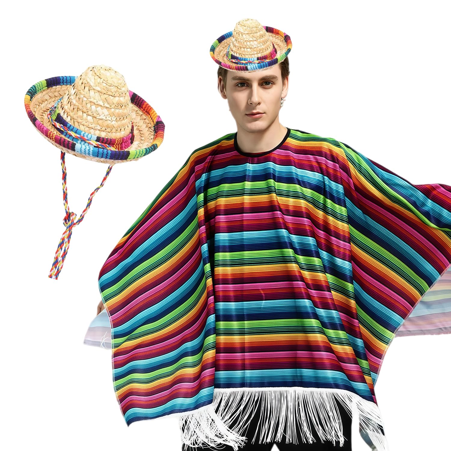 XNHIU 2Pcs Mexican Serape Poncho Costume Colorful Western Style Cape and 16cm Sombrero Hat for Cinco De Mayo & Fiesta Theme Party & Halloween