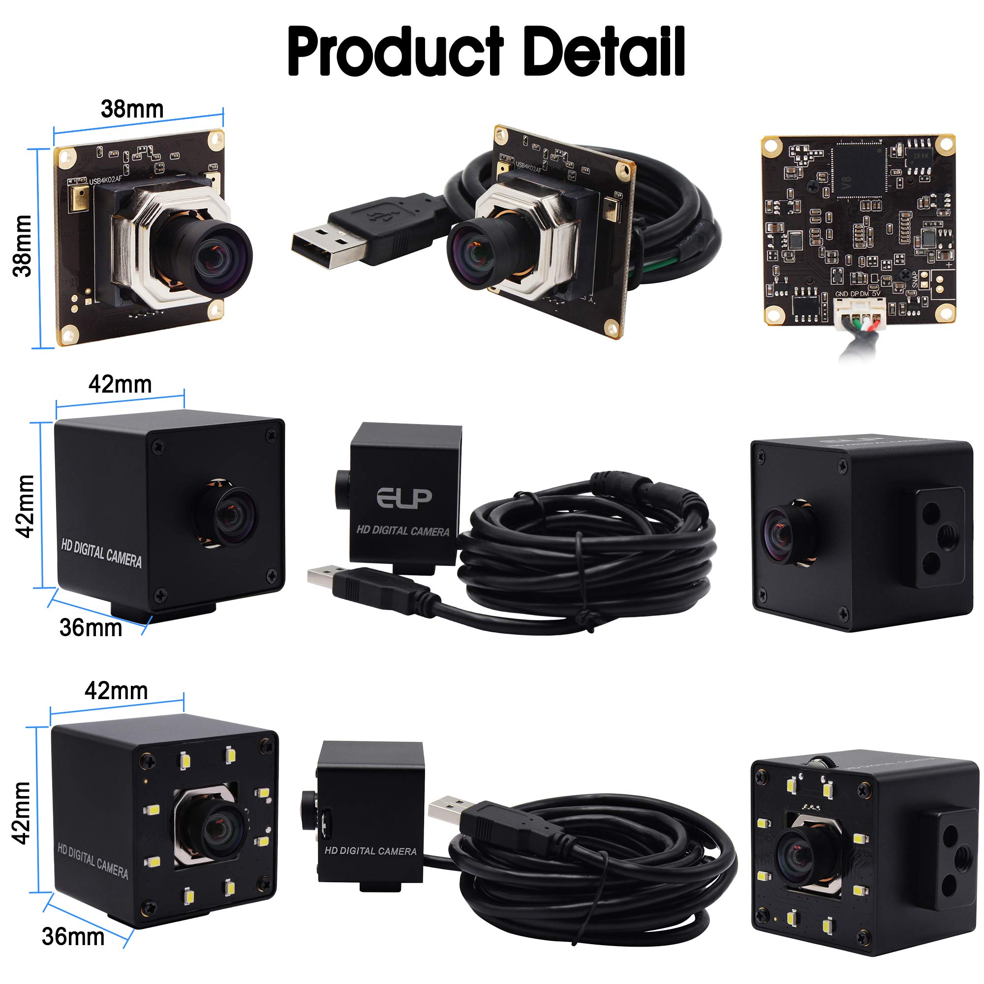ELP 4K Hochauflösende Webcam Ultra HD Autofocus USB Kamera mit No-Distortion Objektiv,IMX415 Sensor Web Kamera Support 3840x2160@ 30fps,UVC Compliant Web Kameras Support Most OS (USB4K02AF-KL100)