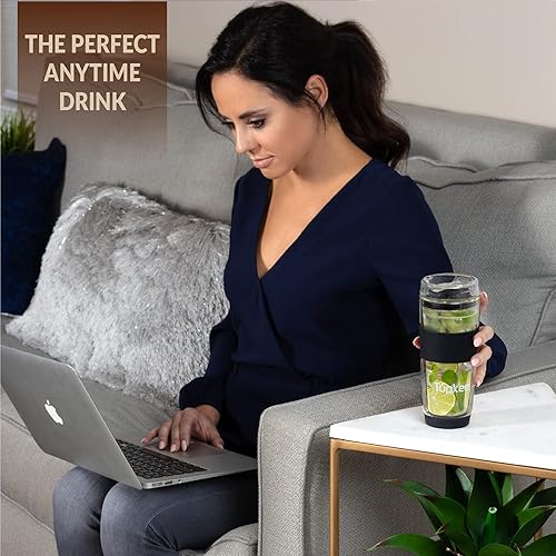 Miniatura 31 de Tupkee Vaso de vidrio de doble pared, 14 onzas, reutilizable, aislado, taza y tapa para té/café, taza de viaje de vidrio soplado a mano, color cian