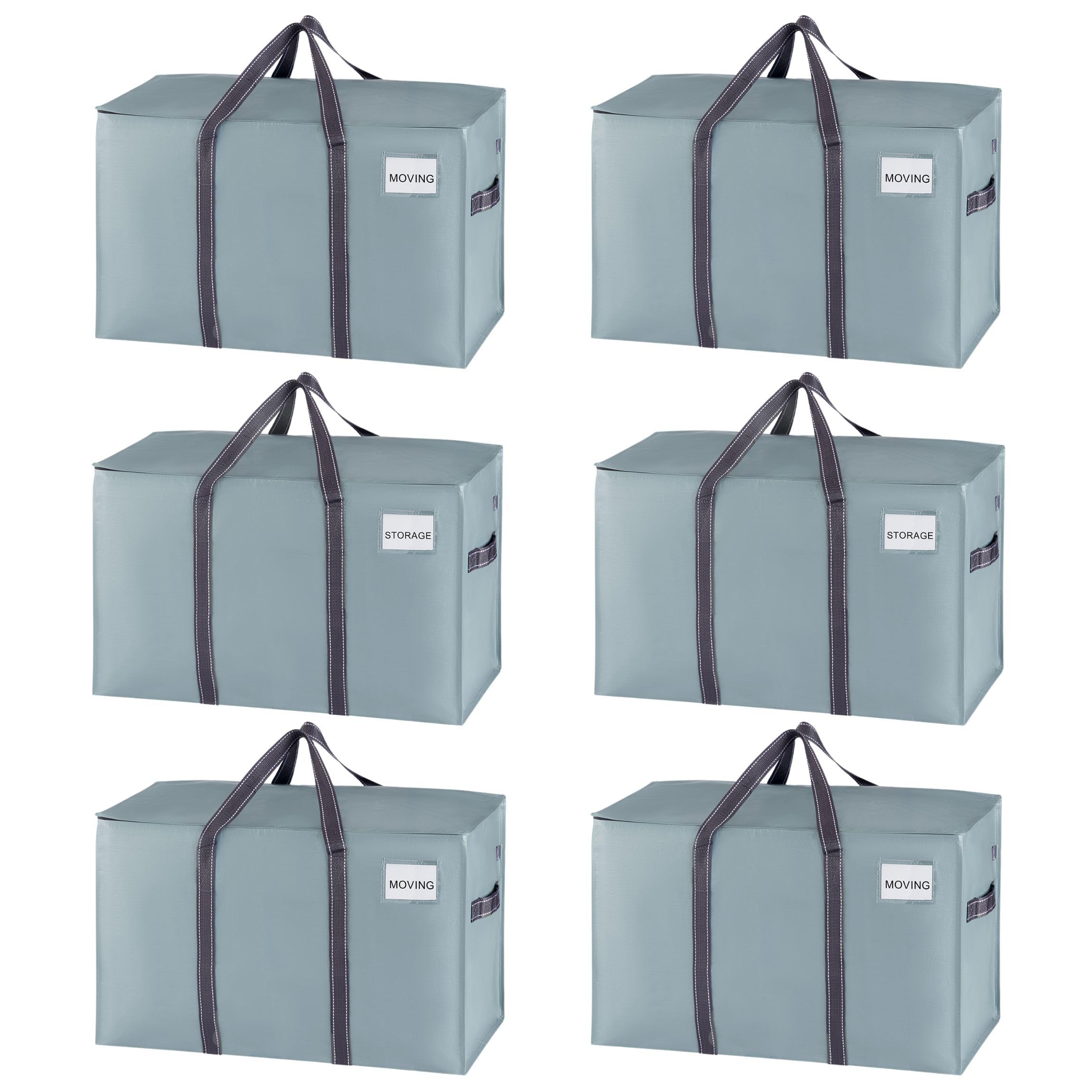 VENO Heavy Duty Moving Bags, Extra Large Ornament Organizer Storage Bags with Zippers & Handles, College Dorm Clothes Packing Supplies Storage Box Tote Foldable Basket (Light Blue Matte 6 Pack)