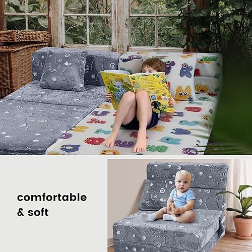 Miniatura 7 de MeMoreCool Colchón de suelo para niños que brilla en la oscuridad, sofá convertible, futón plegable, cama para sala de juegos de bebé (dinosaurio