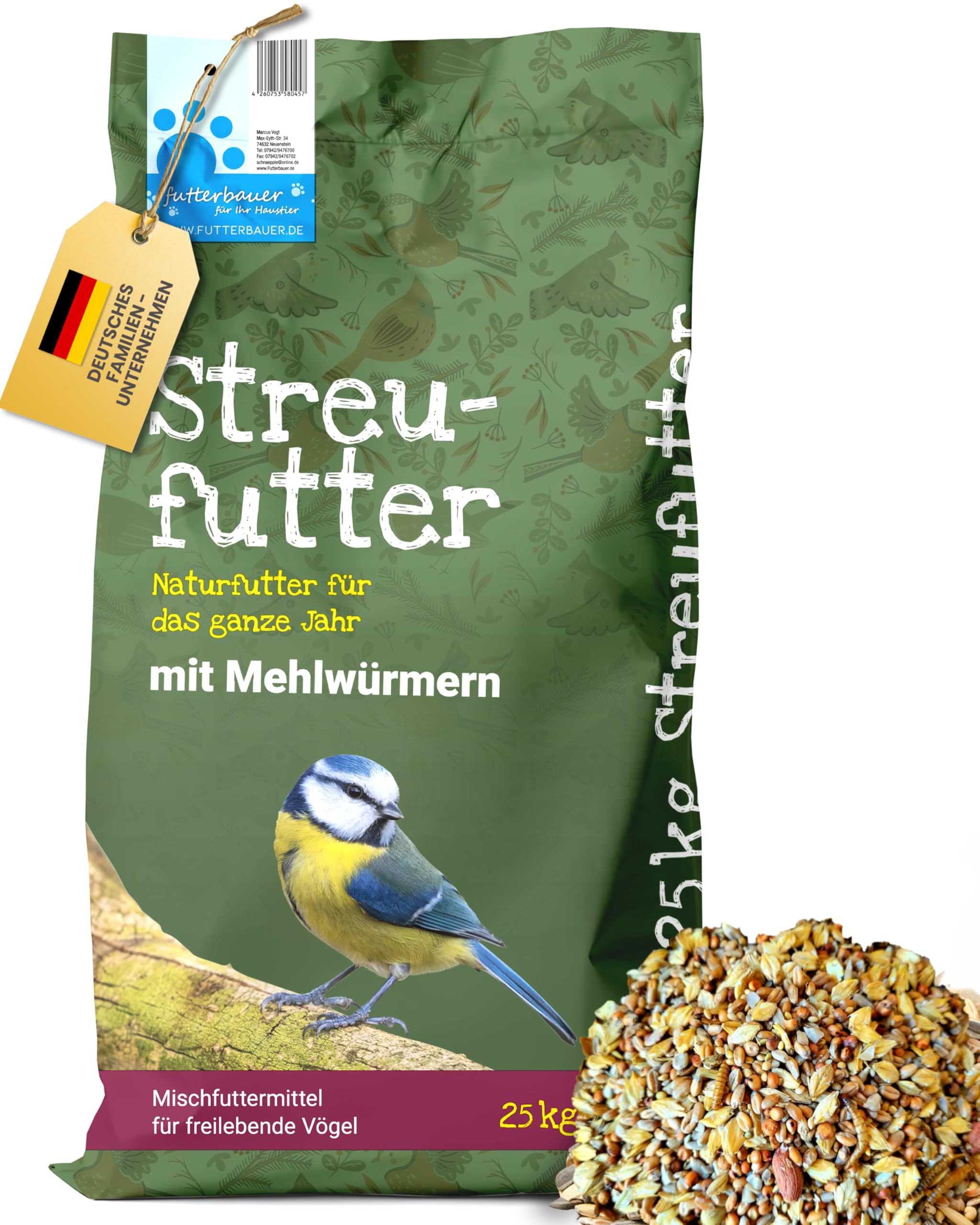 Futterbauer 25kg SCHALENLOSES Streufutter !MIT MEHLWÜRMERN! Vogelfutter Ganzjahresvogelfutter