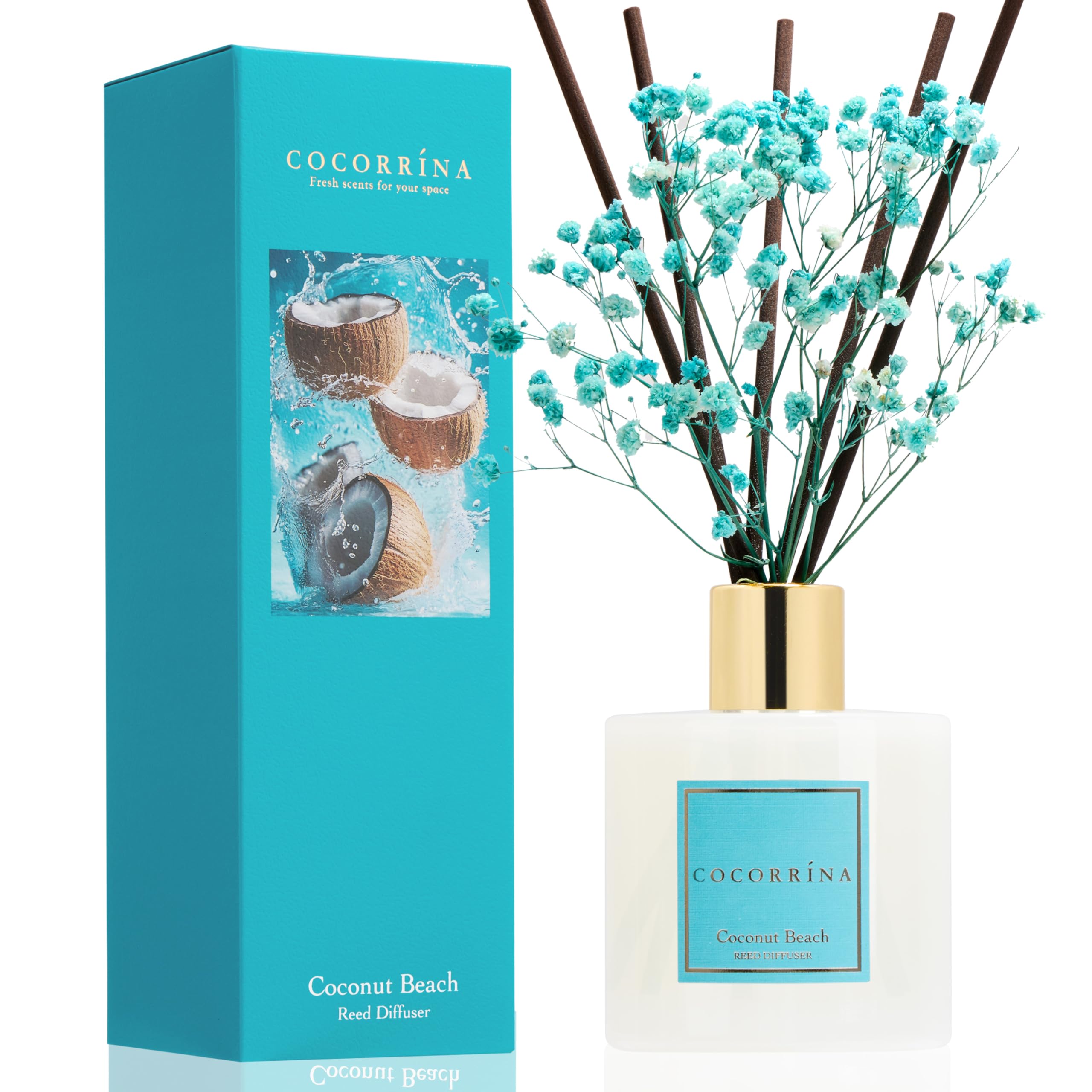 COCORRÍNA Reed Diffuser - Coconut Beach 6.7 fl oz Reed Diffuser with Sticks, Home Bedrrom Bathroom Shelf Decor
