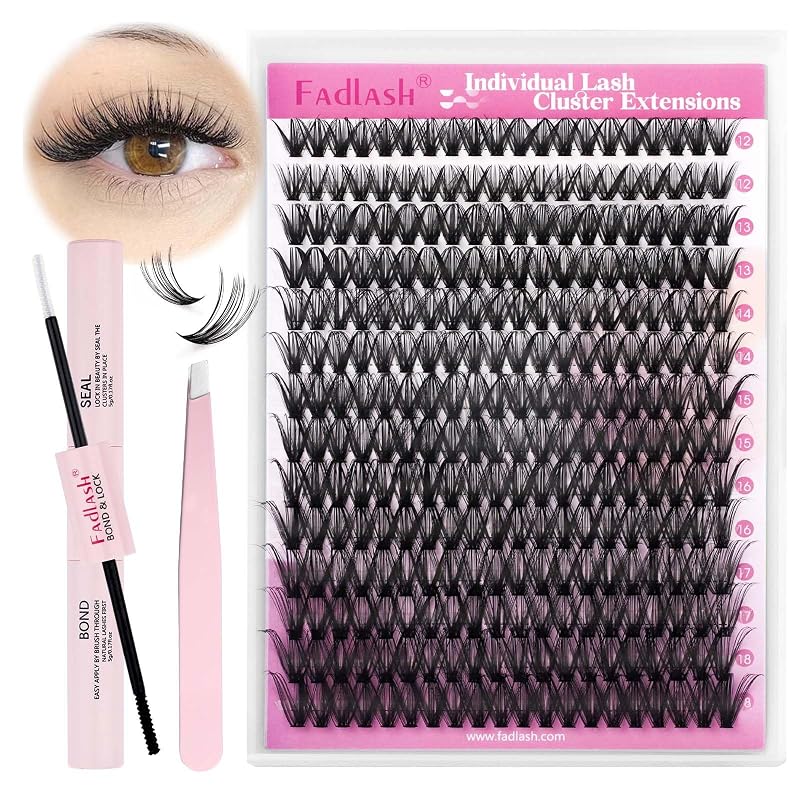 Kit de Cílios em Tufos FADLASH 280 Unidades 40D Curvatura D com Cola e Selante, Pinça e Comprimentos de 12 a 18 mm