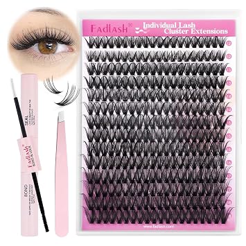 FADLASH Lash Clusters Kit Natural DIY Eyelash Clusters Individual D Curl Cluster Eyelash Extensions with Lash Bond and Seal Lash Tweezer for Beginners DIY at Home 40D-0.07D-12-18mm, KIT