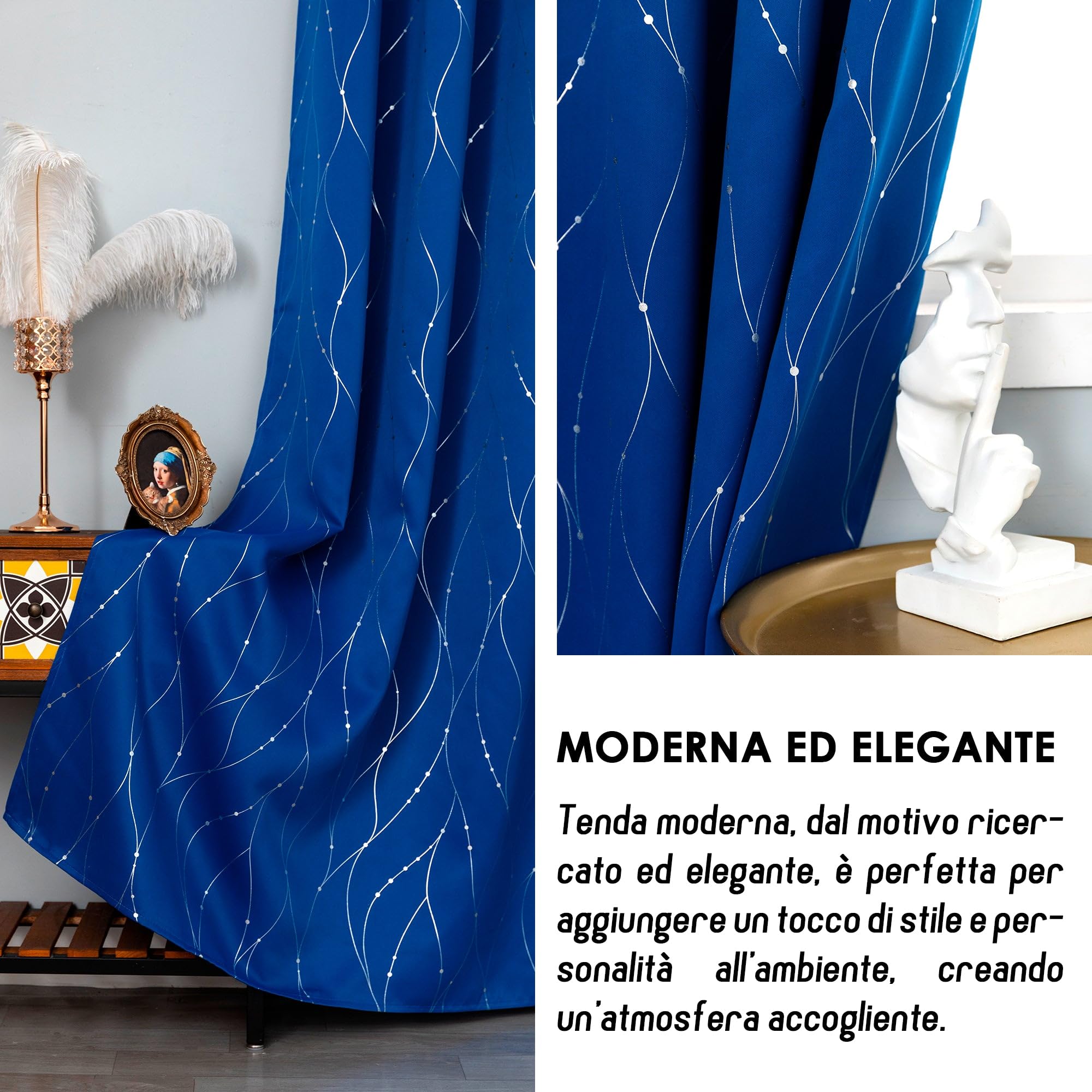 Par de cortinas opacas térmicas suaves con diseño entrelazado plateado - Cortina aislante para salón, dormitorio e interior - 2 paneles con ojales (140 x 145 cm, azul eléctrico)