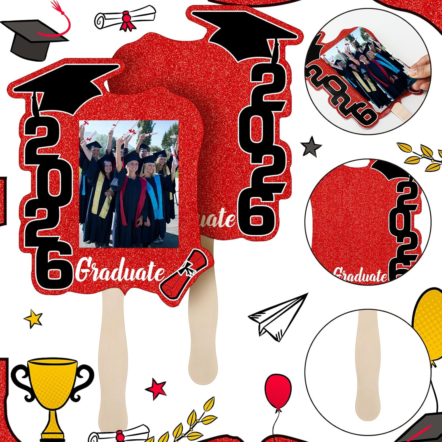 24 Pcs Graduation Cutout Face Fans with Handle Double Sided Personalized Grad Party Supplies Class of 2026 Grad Photo Props Blank DIY Photo Frame Graduation Party Souvenirs(Classic,Red)