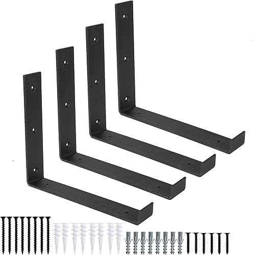 Miniatura 8 de Ilyapa Soportes de estante flotantes resistentes, paquete de 4, hierro rústico, soportes de estante de metal negro de 6 x 10 pulgadas para estantes