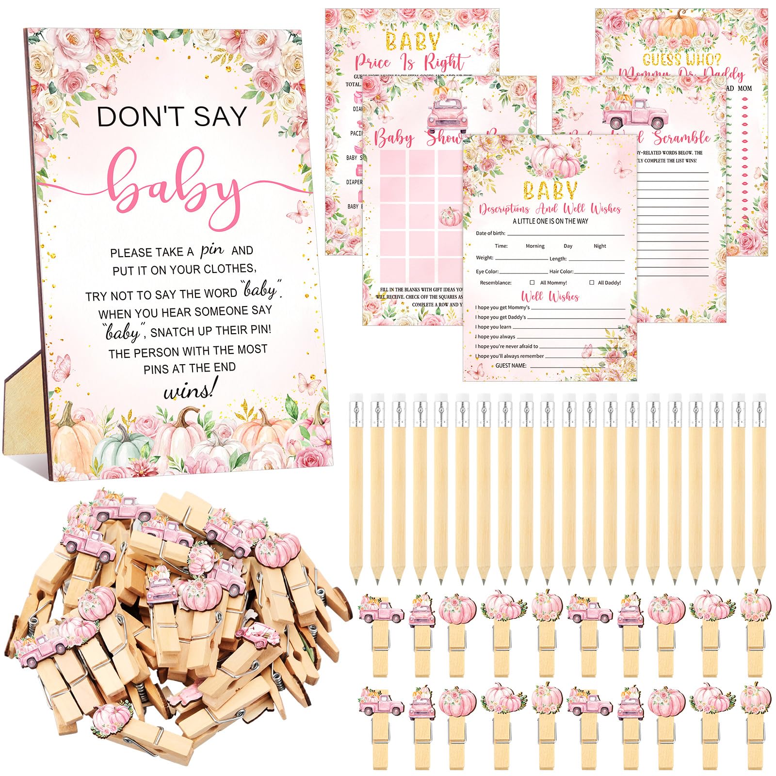 Patelai 321 Pcs Baby Shower Games Supplies, Pink Pumpkin