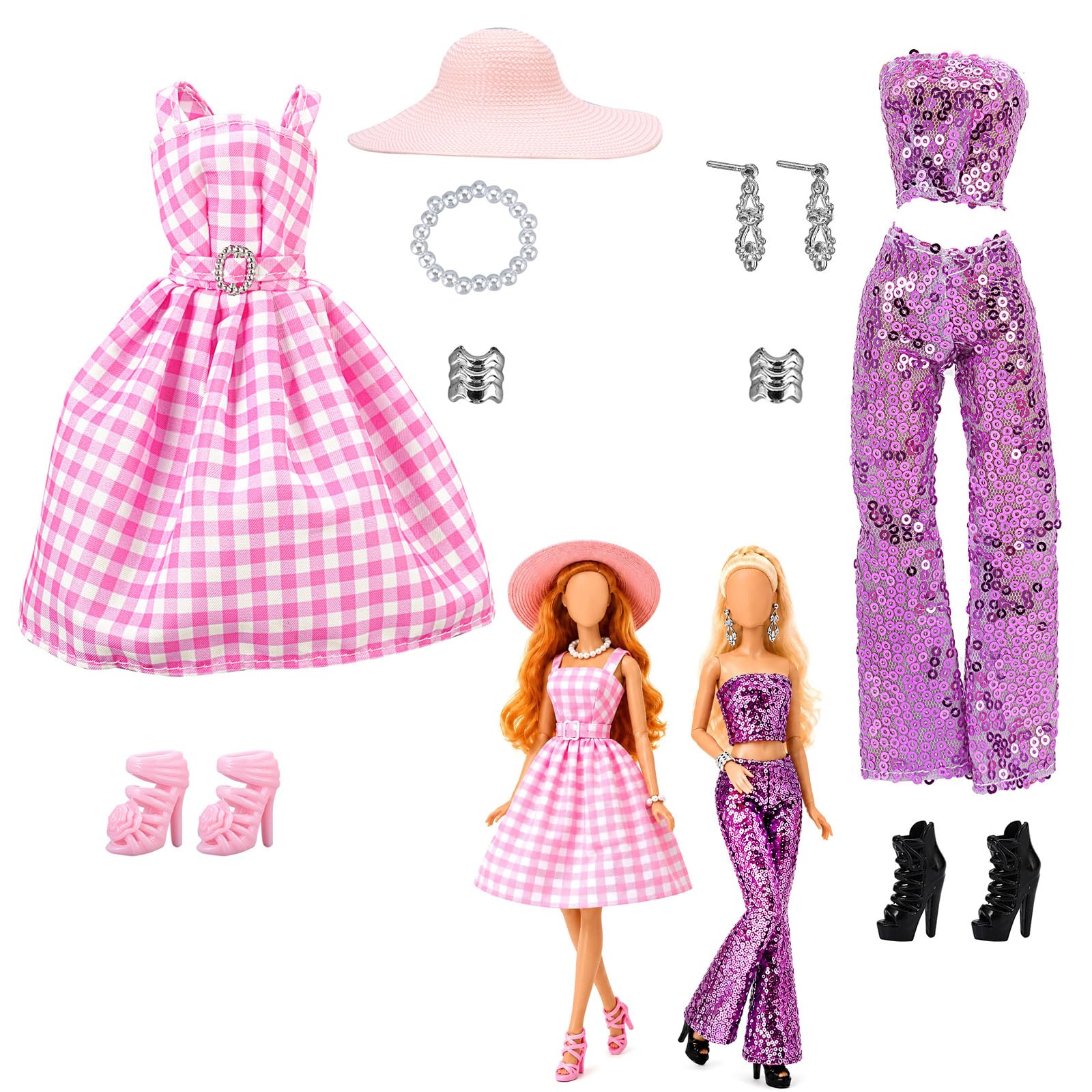 Dolls Clothes Set, Doll Set for Role-Play Activities, Doll Dress for Creative Fashion Combinations, Complete Outfits for Interactive Play Sessions, Purple and Pink Checkered Dress Set-image-15