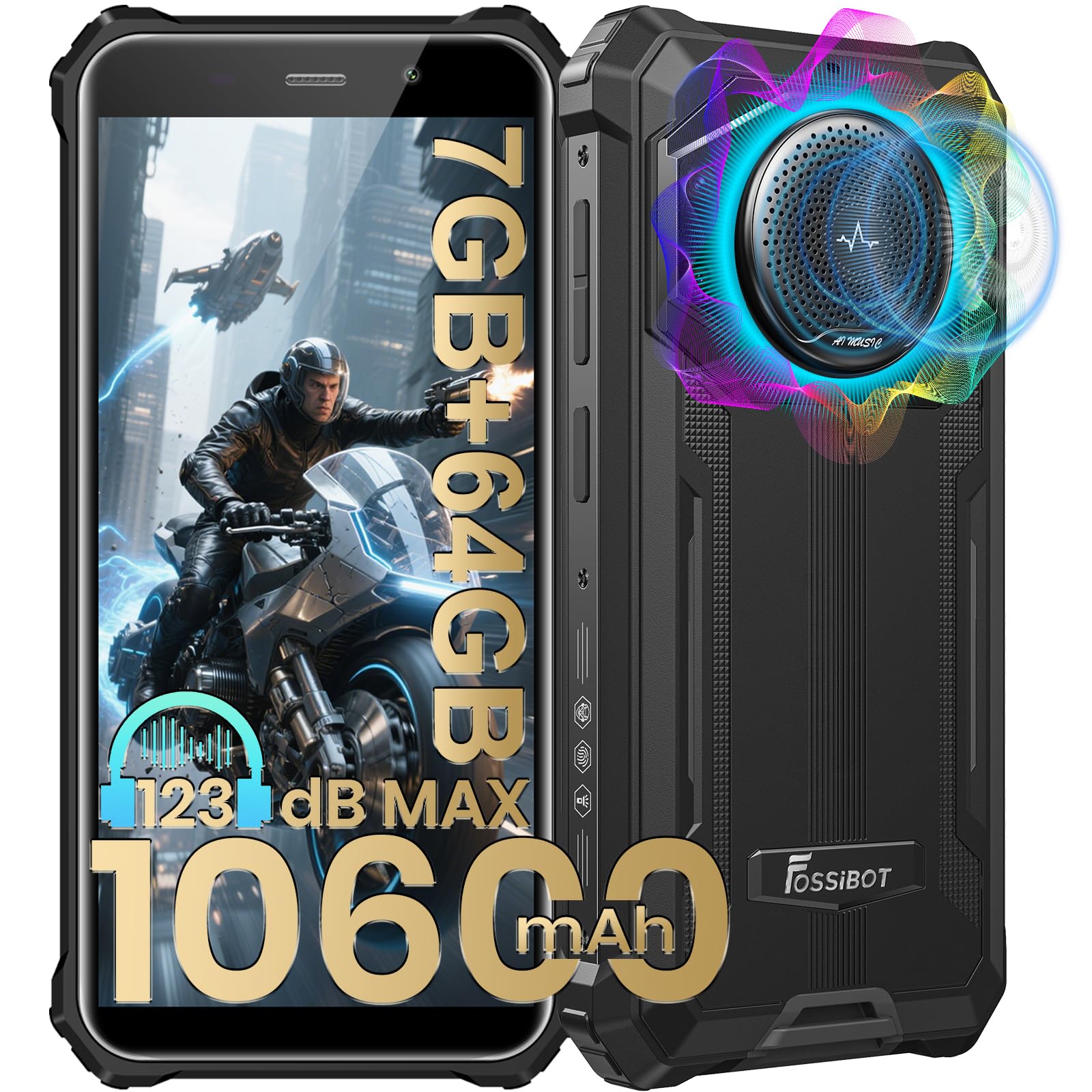 FOSSiBOT F101P 10600mAh Telephone incassable, 128dB Haut-Parleur, IP68/IP69 Téléphone Portable Incassable, 5,45" Écran HD+, 7 Go+64 Go Expanded 1 to,Android OS Smartphones