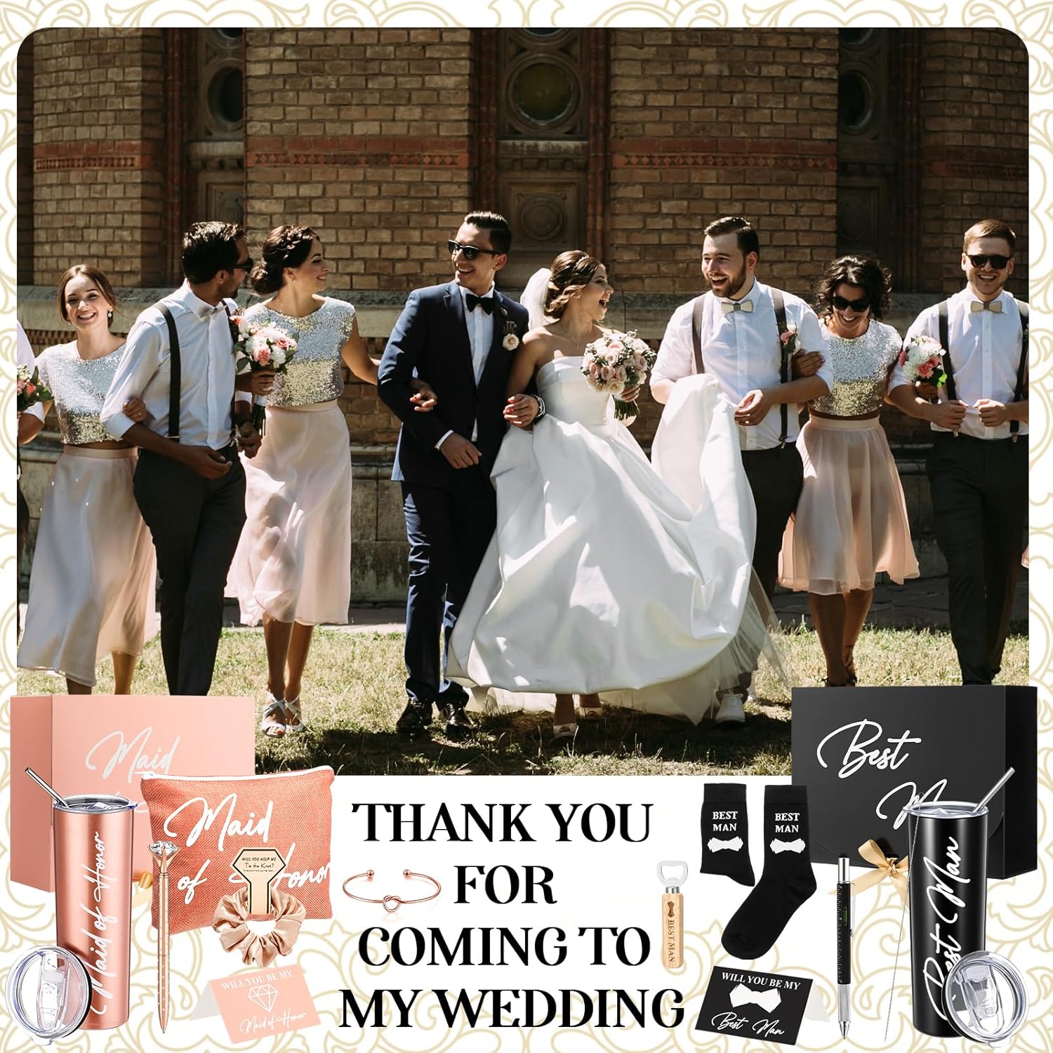 13 Pcs Bridesmaid and Groomsmen Gifts Set Maid of Honor Proposal Gift Boxs Groomsmen Gift Boxs Wine Tumbler Makeup Bag Socks Cards Hair Tie Bracelet Keychain Pen for Women Men Wedding Party