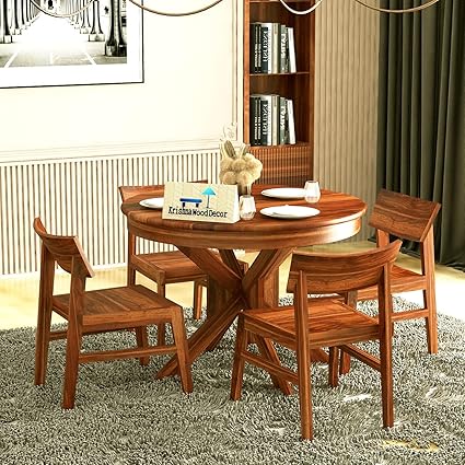 Krishna Wood Decor Standard Solid Wooden Sheesham Teak Wood Round Dining Table 4 Seater | Round Table with 4 Chairs | Teak Finis