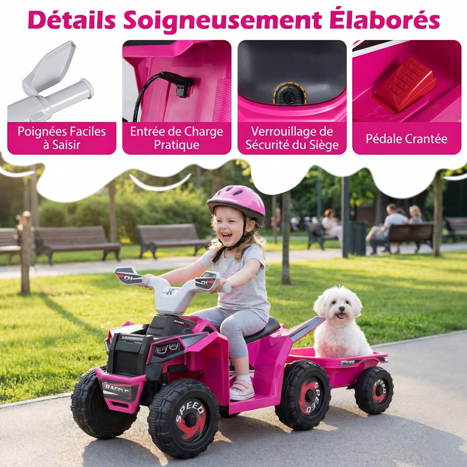GOPLUS Quad ATV Electriques Enfants, Voiture Électrique Enfants 6V avec Remorque Arrière Amovible, Roues Résistantes à l'Usurel, pour Tout-Petits Garçons 3 Ans+, 2-3 km/h,Charge 30KG