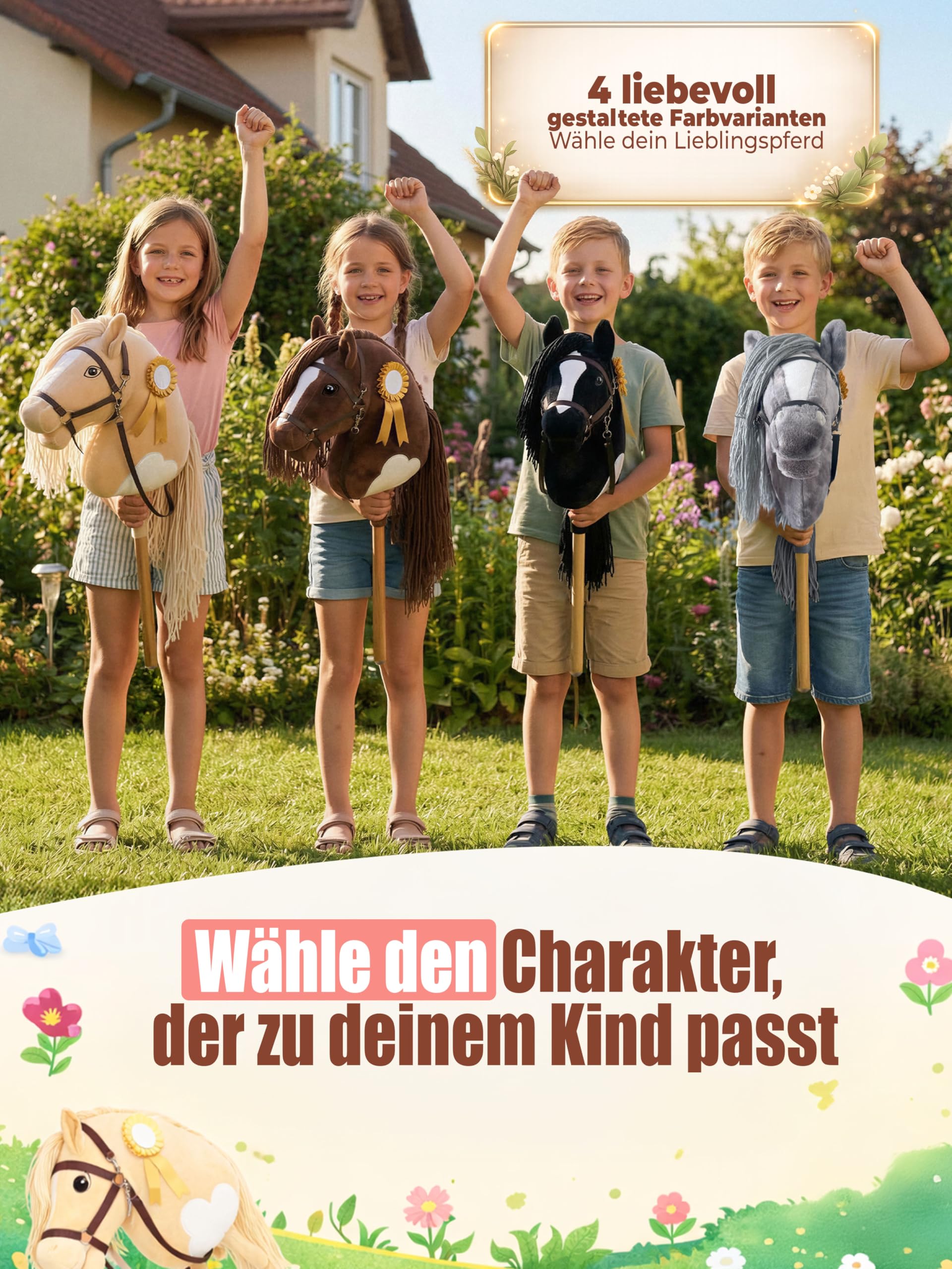 Hobby Horse Steckenpferd – Handgefertigtes Stockpferd für Kinder 4–12 Jahre - Realistisches Hobby Horsing Pferd mit verstellbarem Gurt & Turnierschleife (Braun & Weiß)
