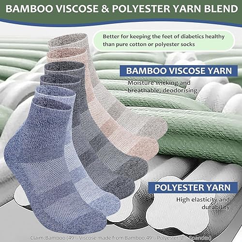 Vista 18 de Bulinlulu Calcetines de viscosa de bambú para diabéticos, 6 pares de calcetines tobilleros no vinculantes, puntera reforzada, tamaño 6-9/9-11/13-15