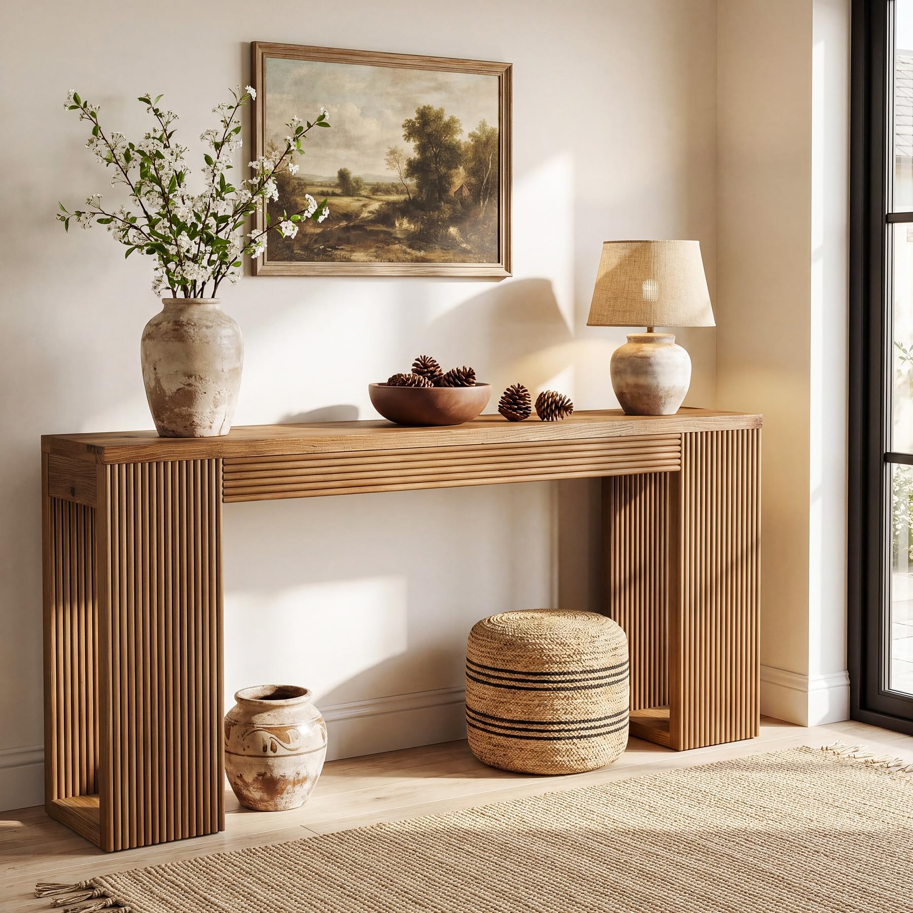 Konsolentisch aus Massivholz, 160 cm Langer Flurtisch im Landhausstil mit geriffelten Beinen, rustikale schmale Sofatische hinter dem Sofa für Wohnzimmer, Flur, Eingangsbereich