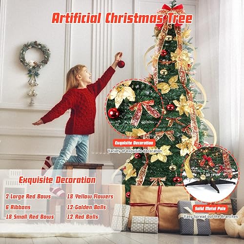 Miniatura 2 de Árbol de Navidad desplegable de 7 pies plegable totalmente decorado con bola de Navidad roja dorada fácil de montar para el hogar al aire libre