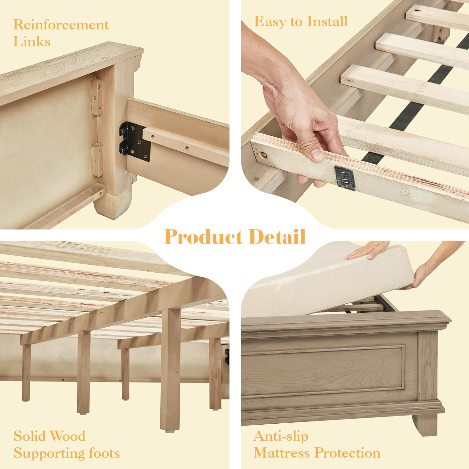 Solid Pine Wood King Bed Frame with 69" High Upholstered Headboard, Transitional Style Platform Bed, No Box Spring Needed & Easy Assembly, Button-Tufted Chenille Fabric, Antique Taupe