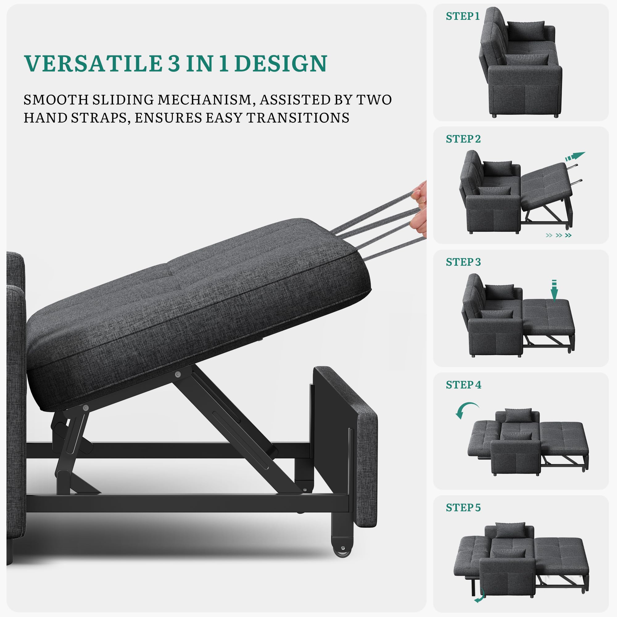 YITAHOME 3-in-1 Schlafsofa, 2-Sitzer 5-Stufig Ausziehbar 182x136cm Grau | Sofa mit Schlaffunktion, Gästezimmer, Stahlrahmen, Liegefläche, 10 cm Polster, 2 Kissen, Seitentaschen, 300 kg belastbar