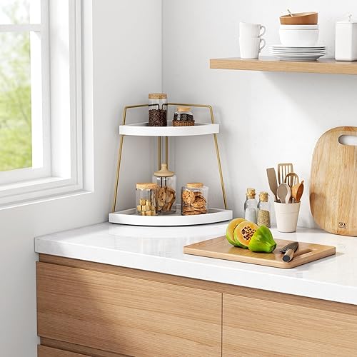 Miniatura 4 de Forbena Organizador de esquina para encimera de baño, organizador de estante de encimera blanco y dorado para fregadero de cocina, bandeja de