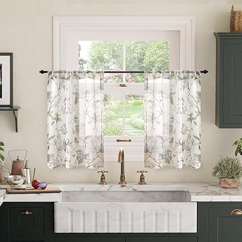 Floral Sheer Curtains for Windows, Short Semi Sheer Light Filtering Vintage Farmhouse Basement Half Cafe Curtains 24 Inch Length 2 Panels Set, Rod Pocket, Grey, Each 30 Inch Wide